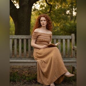 Wild Skye Smocked Top Off Shoulder Boho Maxi Dress Size L